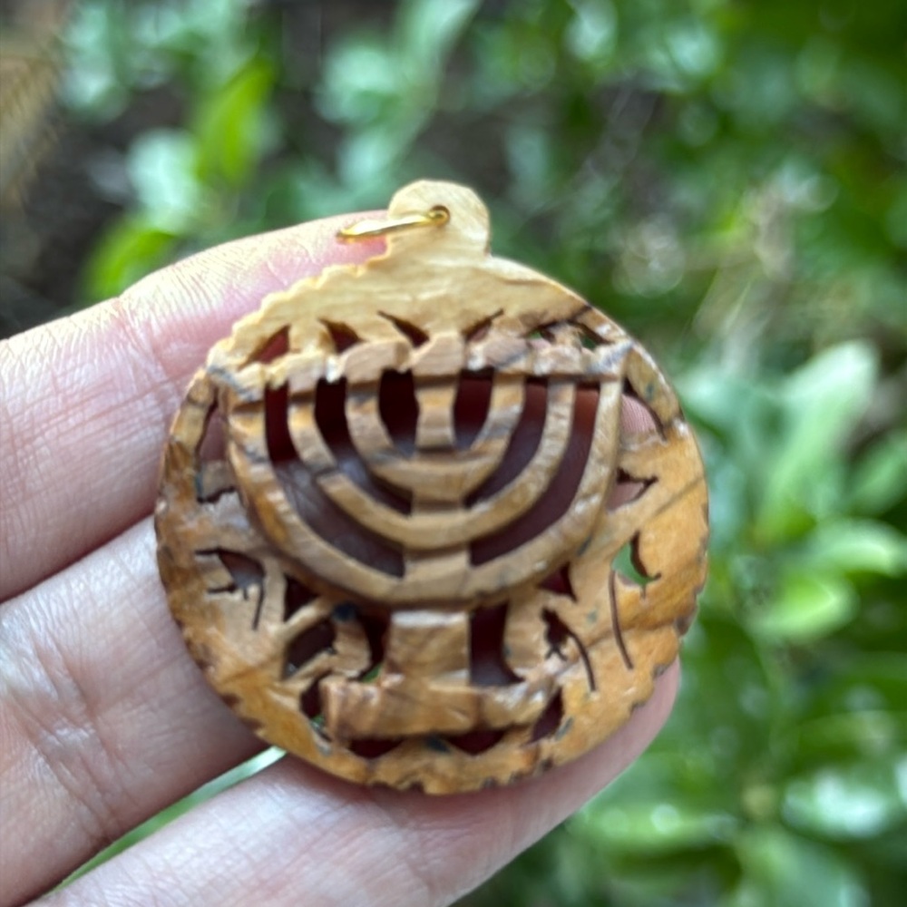 Vintage Hand Carved Menorah Wood Pendant